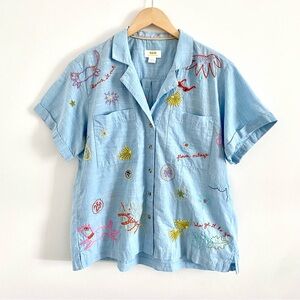 Anthropologie Maeve Embroidered Short-sleeved Button-down